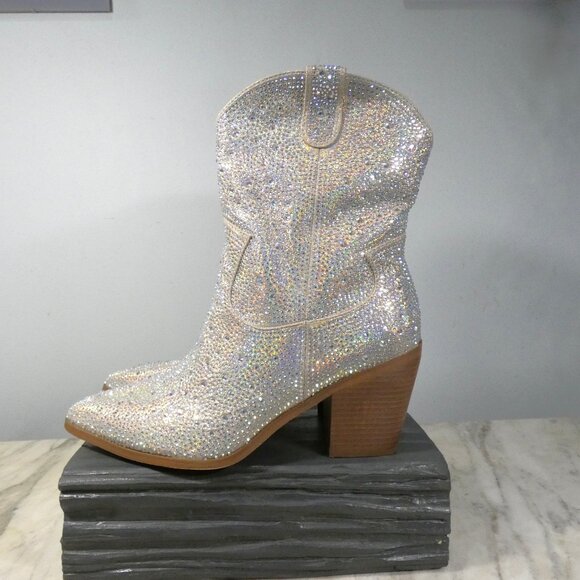 SPARKLING Western Rhinestone Cowboy Boots Block Heel Pointed Toe 10.5 - Picture 5 of 16